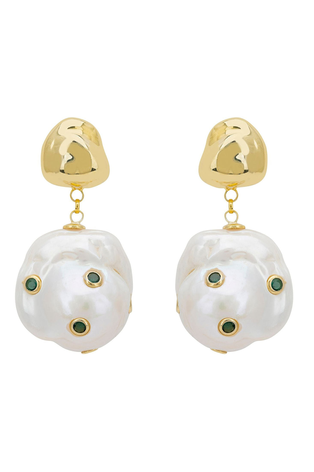 Gold drop earrings with white baroque pearl and green eye accents, in pair