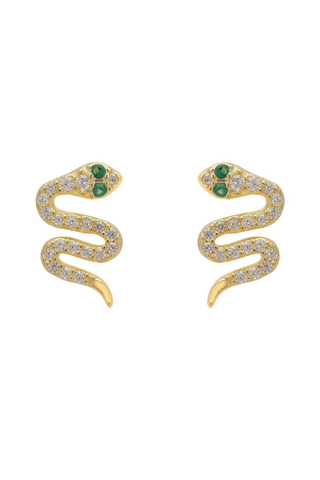 Gold snake stud earrings with green enamel eye and clear CZ sparkle