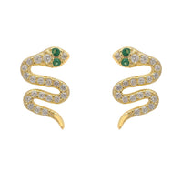 Gold snake stud earrings with green enamel eye and clear CZ sparkle