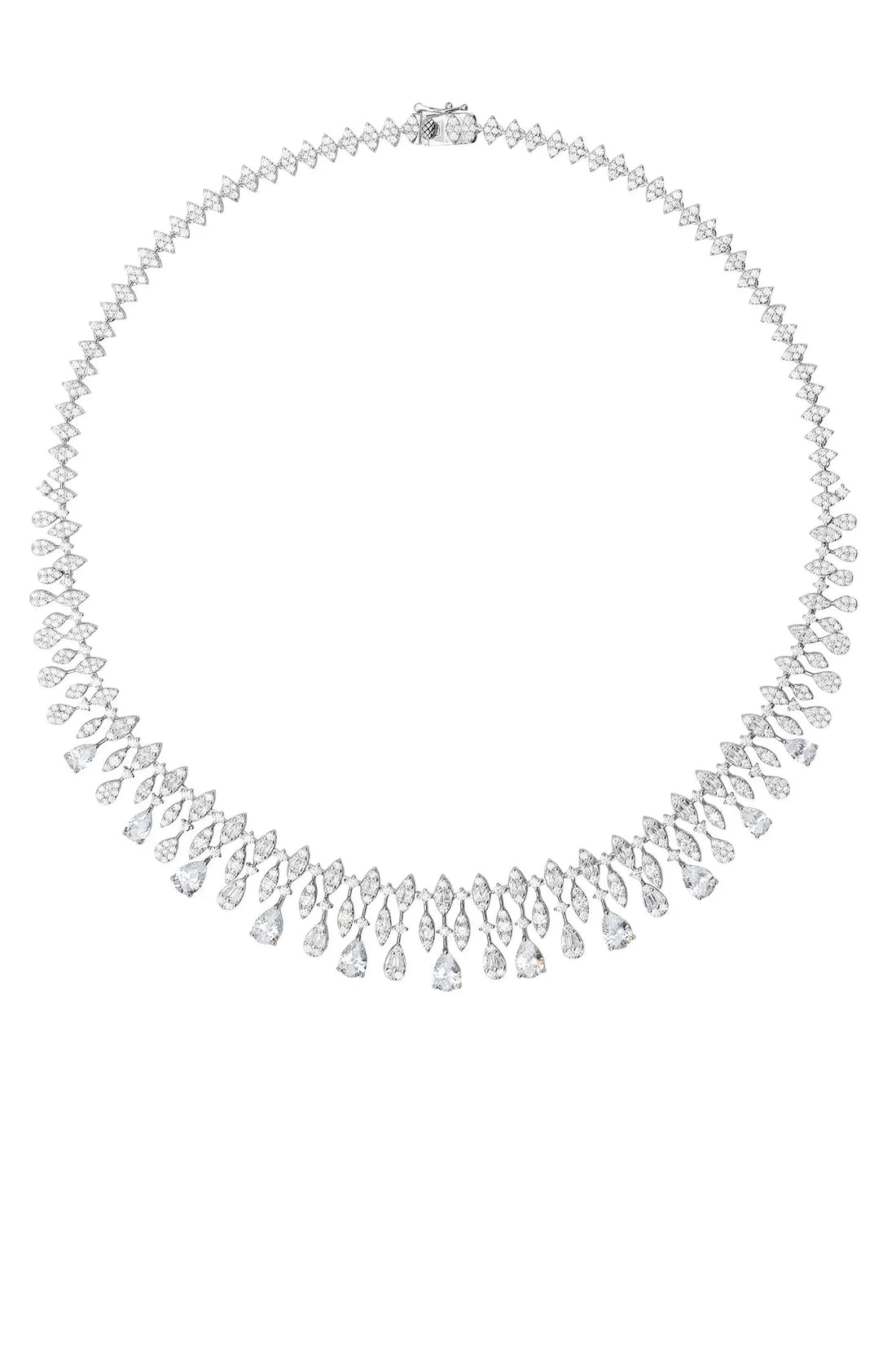 Silver crystal statement necklace laid flat with teardrop fringe and center drop