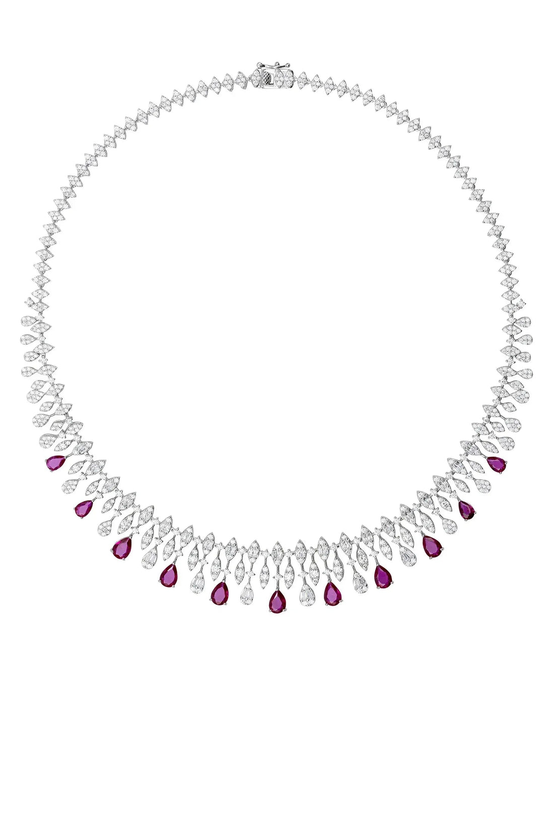 Silver statement necklace featuring purple teardrop stones in a continuous row.