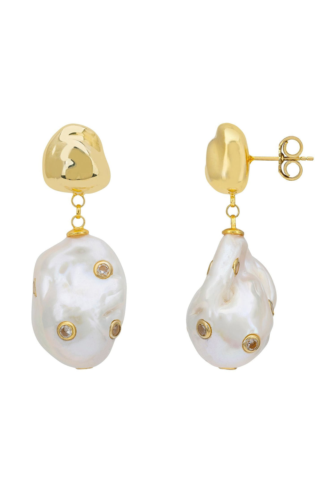 Gold-tone baroque stud and teardrop pearl drop earrings with CZ circles