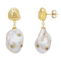 Gold-tone baroque stud and teardrop pearl drop earrings with CZ circles