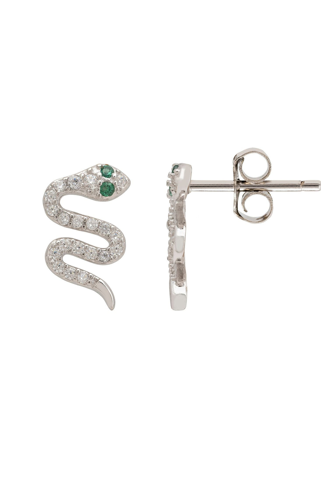 Silver snake stud earrings with clear CZ sparkle and green center stone; back view