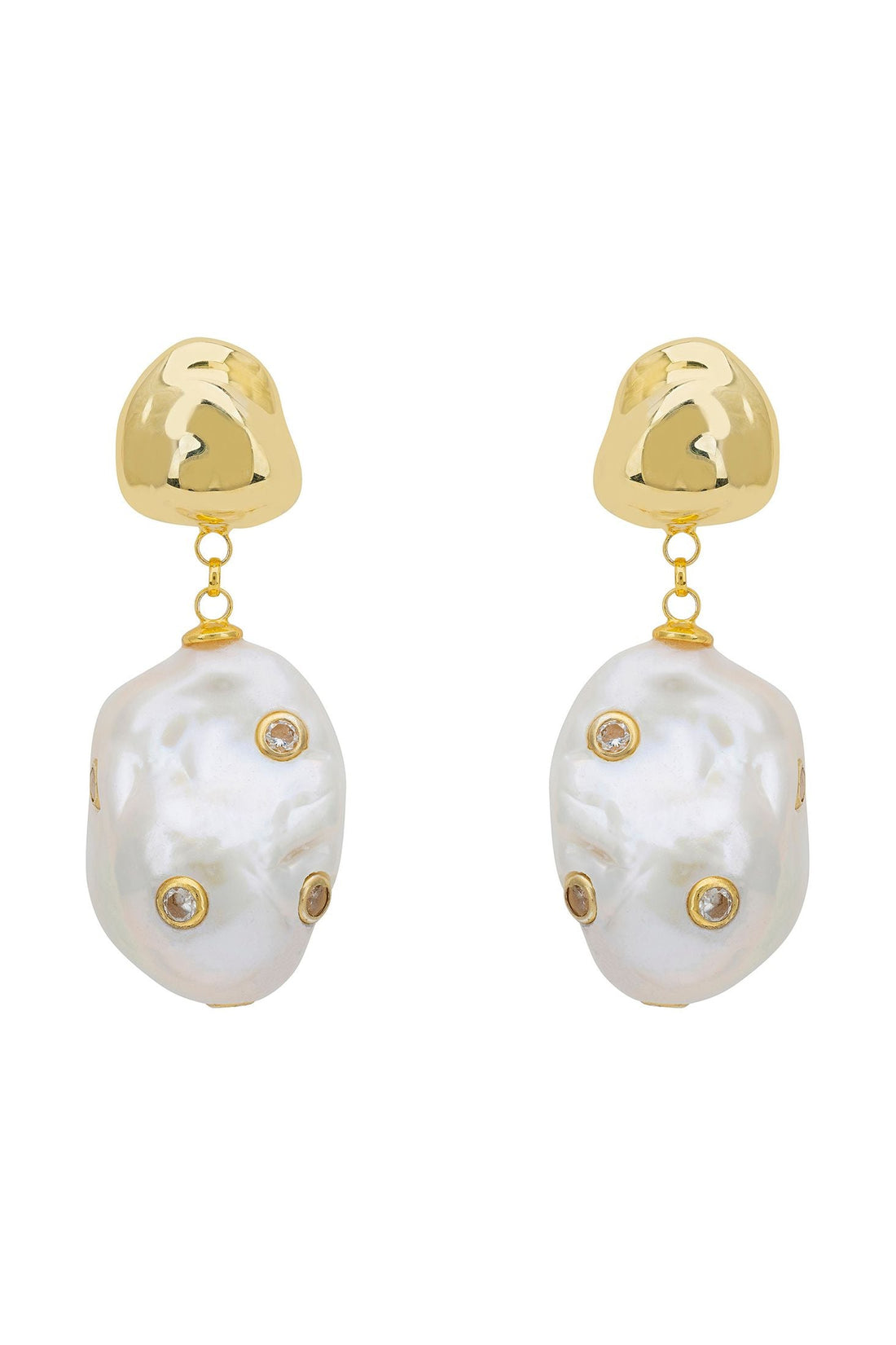 Gold-tone baroque stud and teardrop pearl drop earrings with CZ accents
