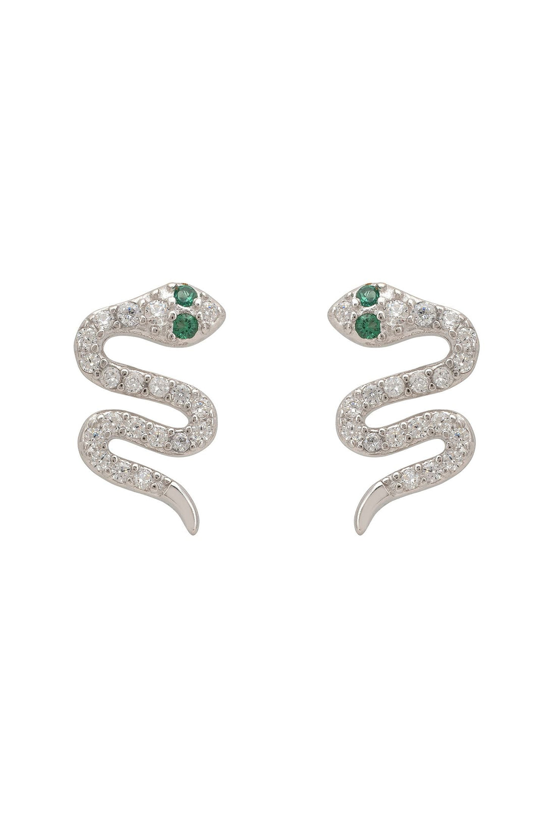 Silver snake stud earrings with green CZ eyes and clear stone pave detail