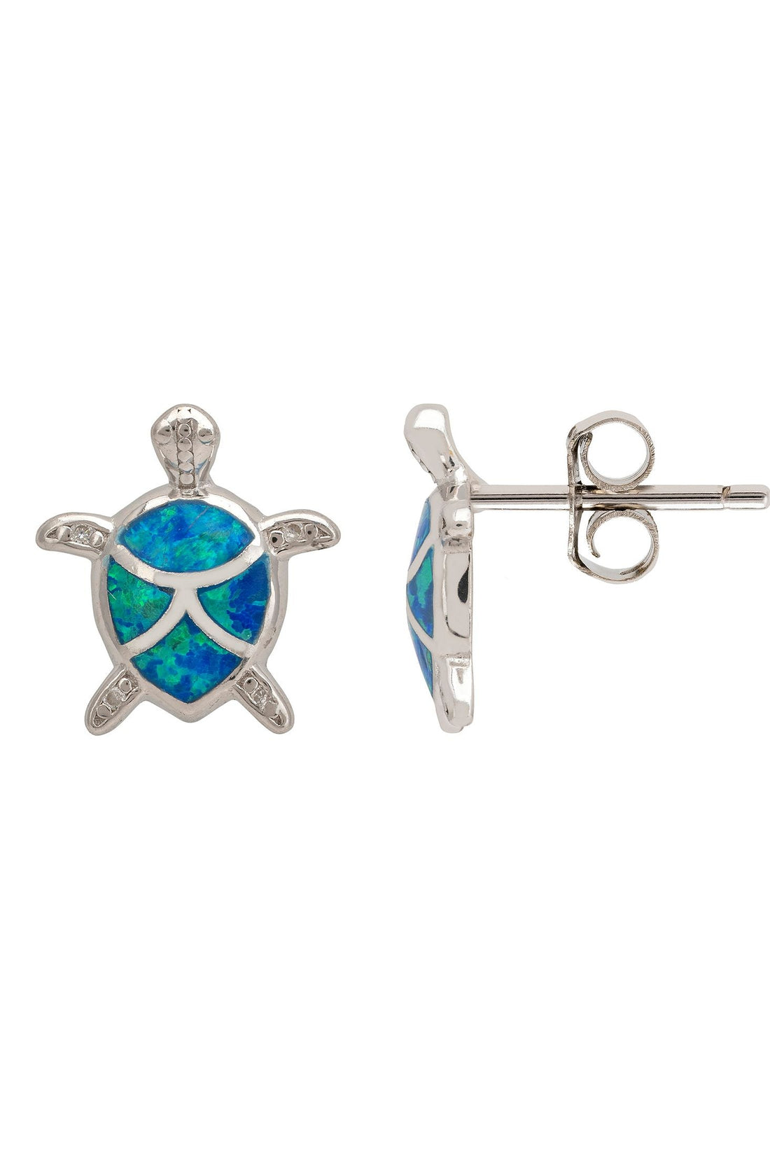 Silver turtle opalite stud earrings, back view with butterfly clasp