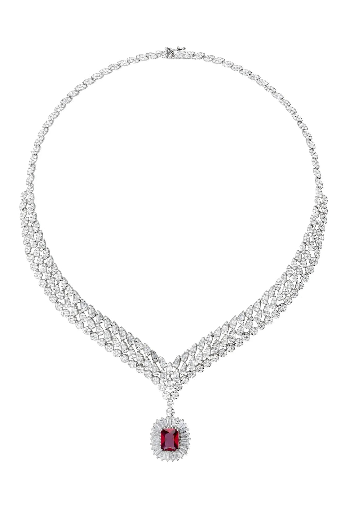 Silver-toned rhinestone statement necklace with ruby-red teardrop pendant