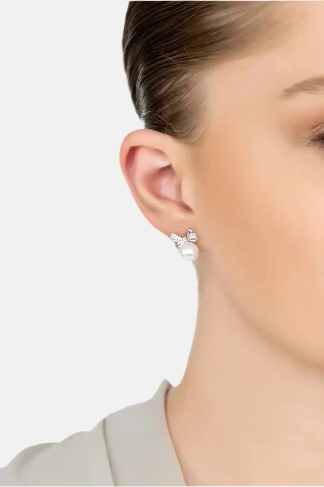 Ribbon Bow Pearl Stud Earrings Silver-1
