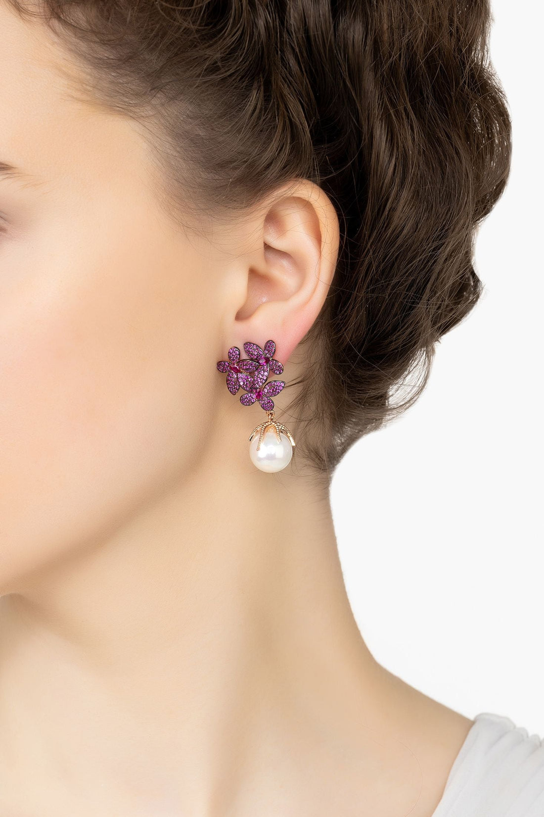 Flowers Pearl Earrings Ruby Pink Rosegold-1