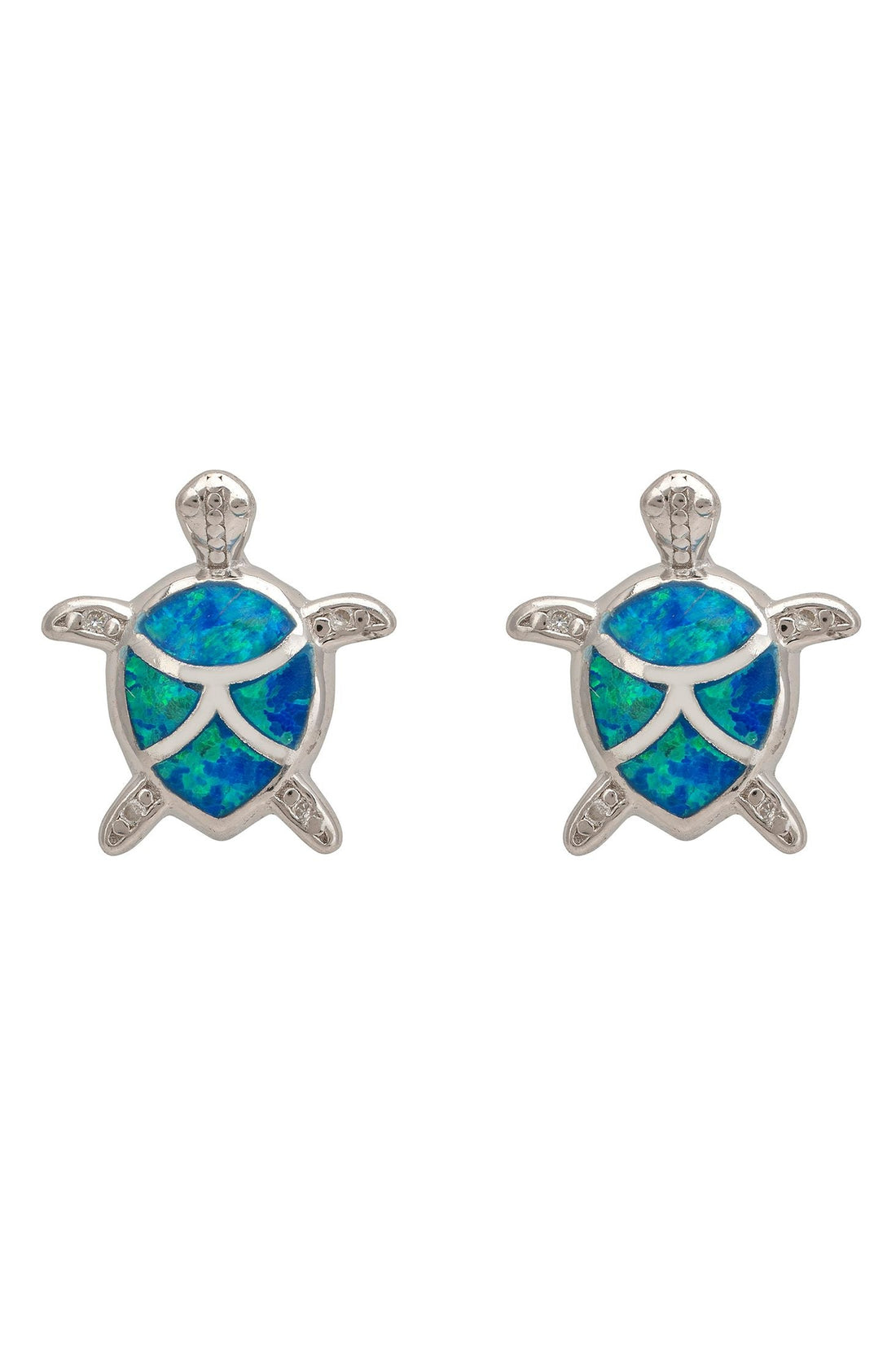 Silver turtle opalite stud earrings with blue-green stone and starburst detail