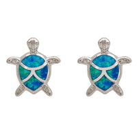Silver turtle opalite stud earrings with blue-green stone and starburst detail