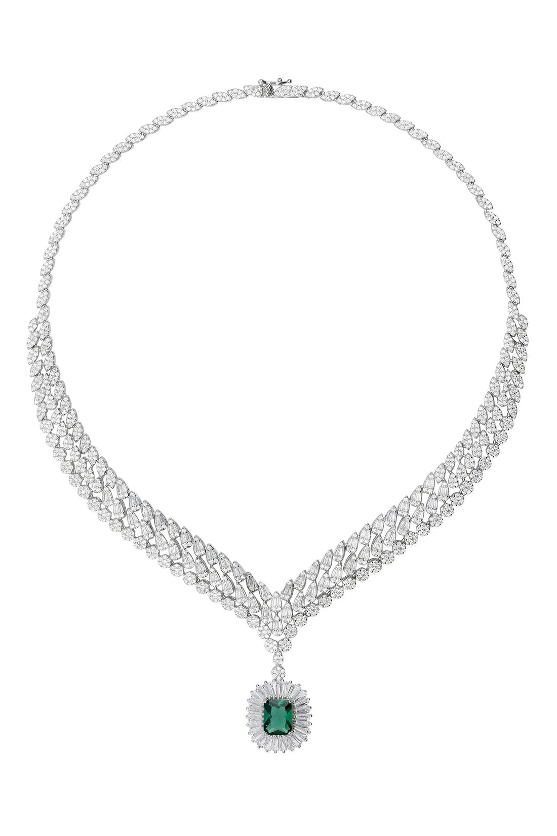 Silver tennis-style statement necklace with emerald pendant and clustered heart-shaped clasp