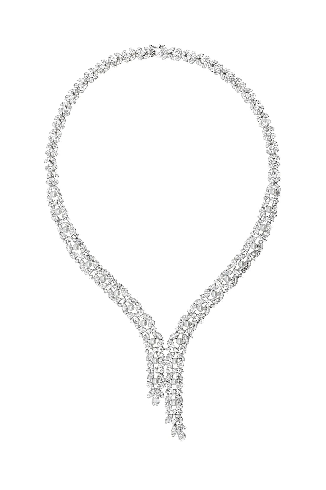 Silver rhinestone teardrop statement necklace with long scalloped chain