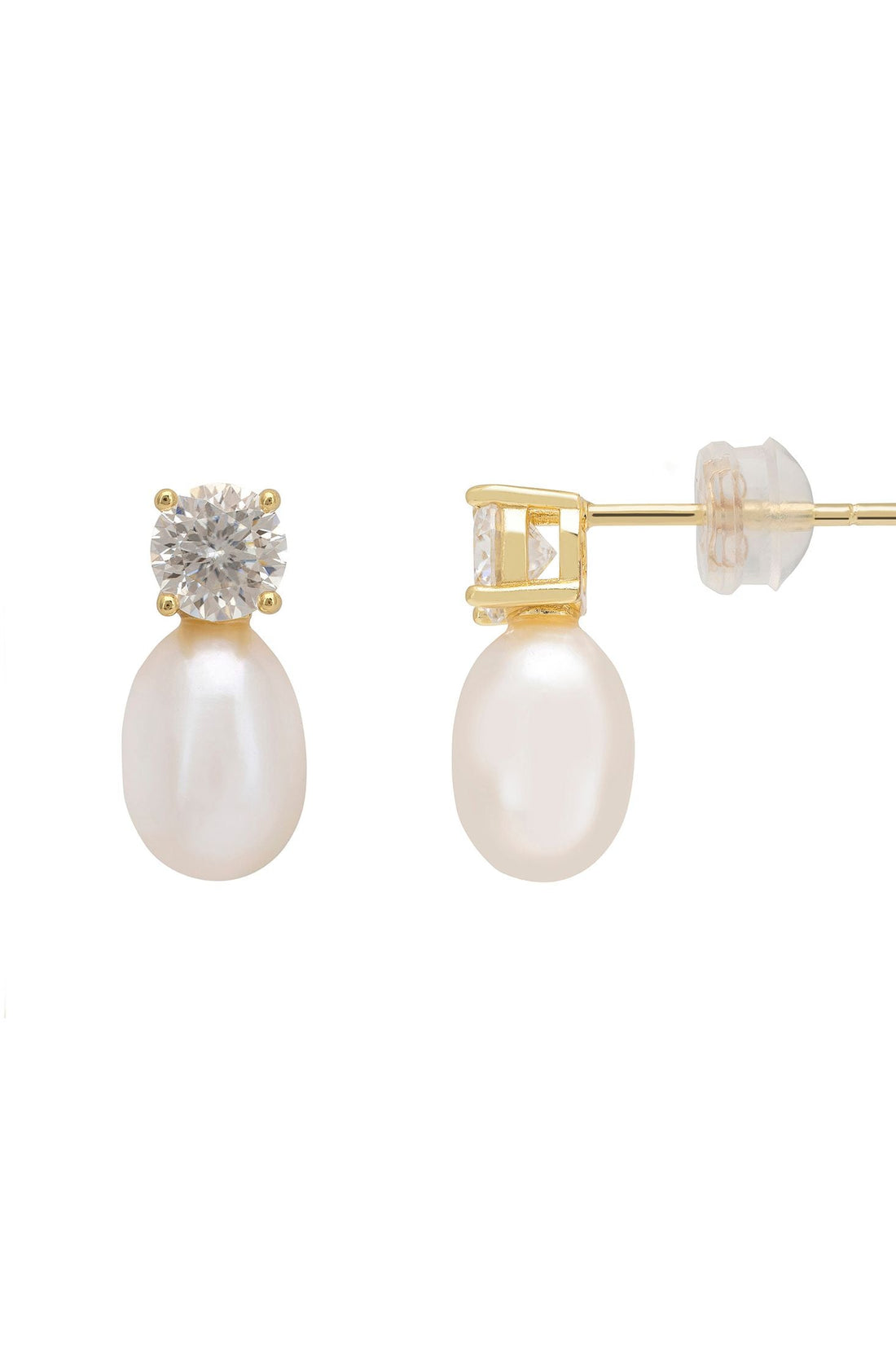Gold earrings: round moissanite stud with white pearl drop and butterfly backing