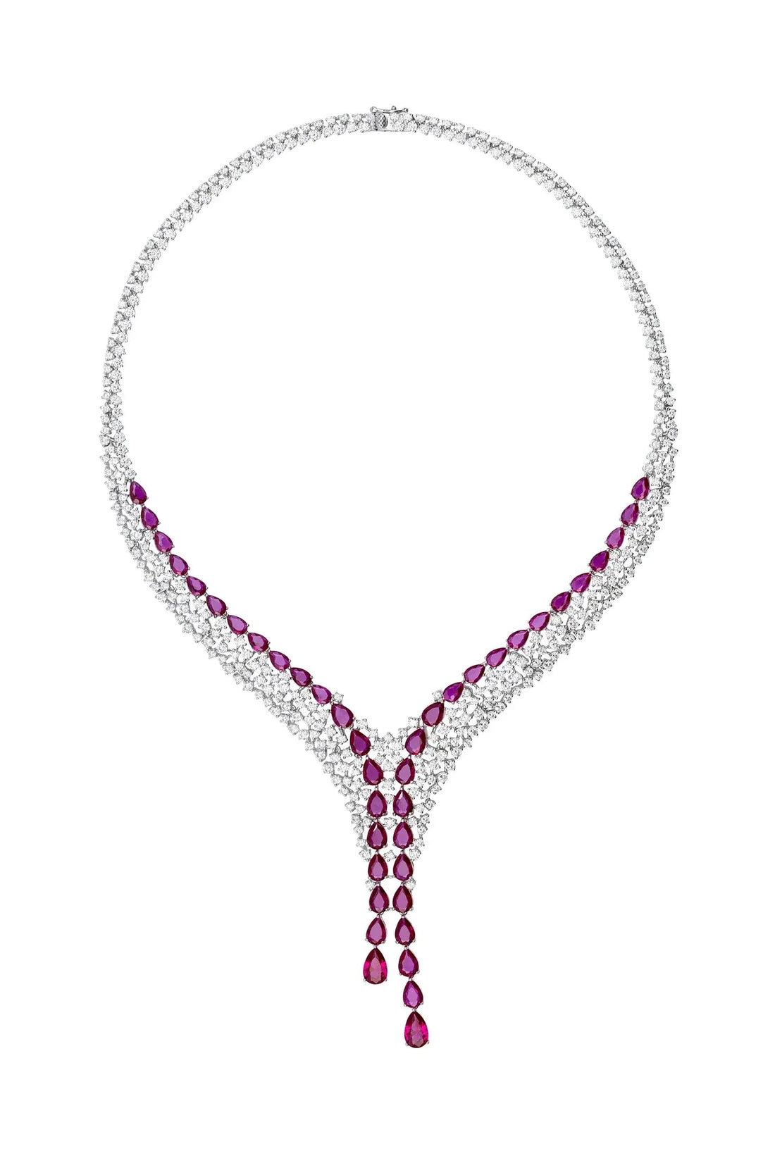 Silver statement necklace with ruby red stones and a dangling teardrop pendant