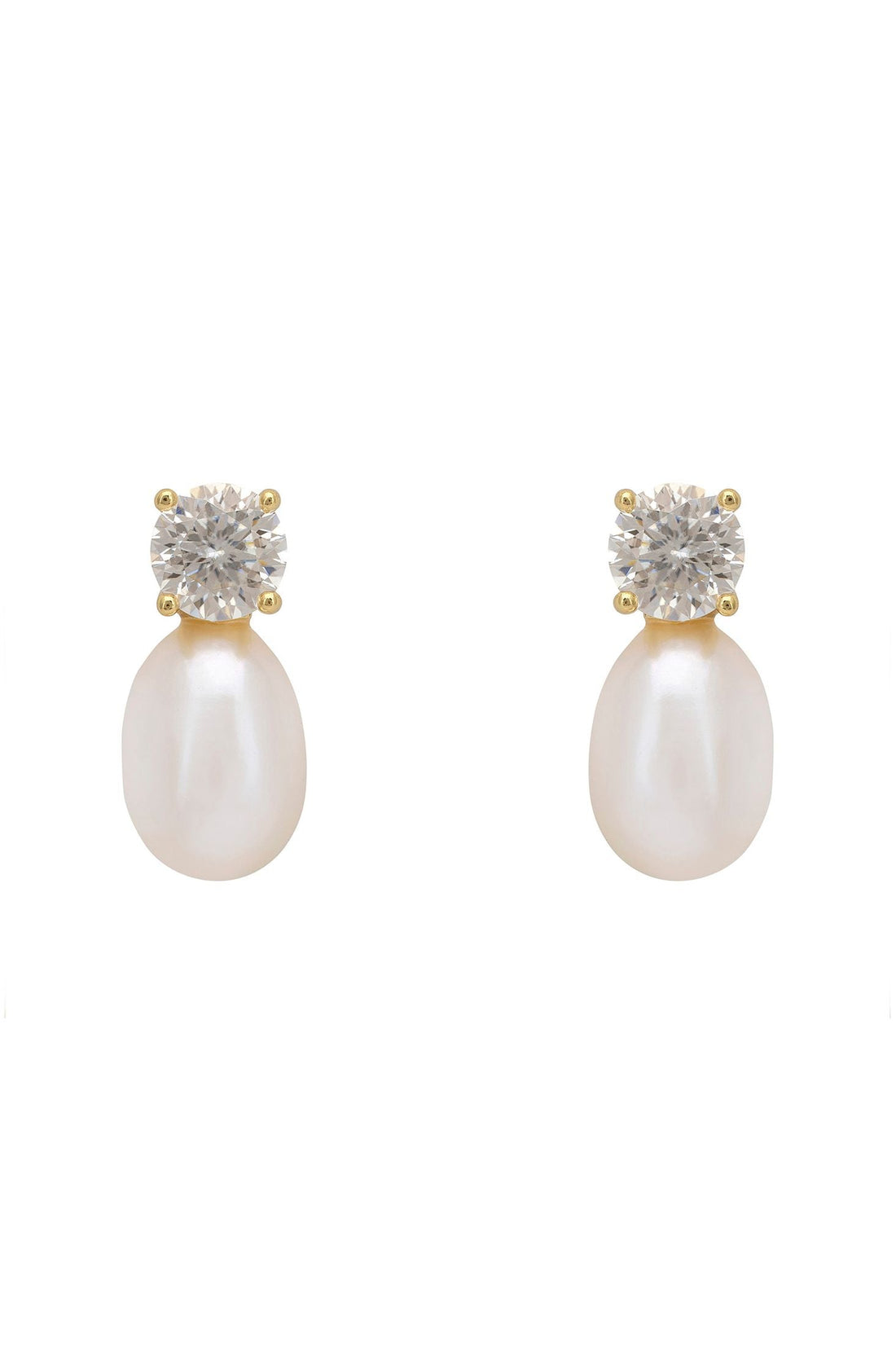 Gold stud earrings with round moissanite top and white teardrop pearl drop