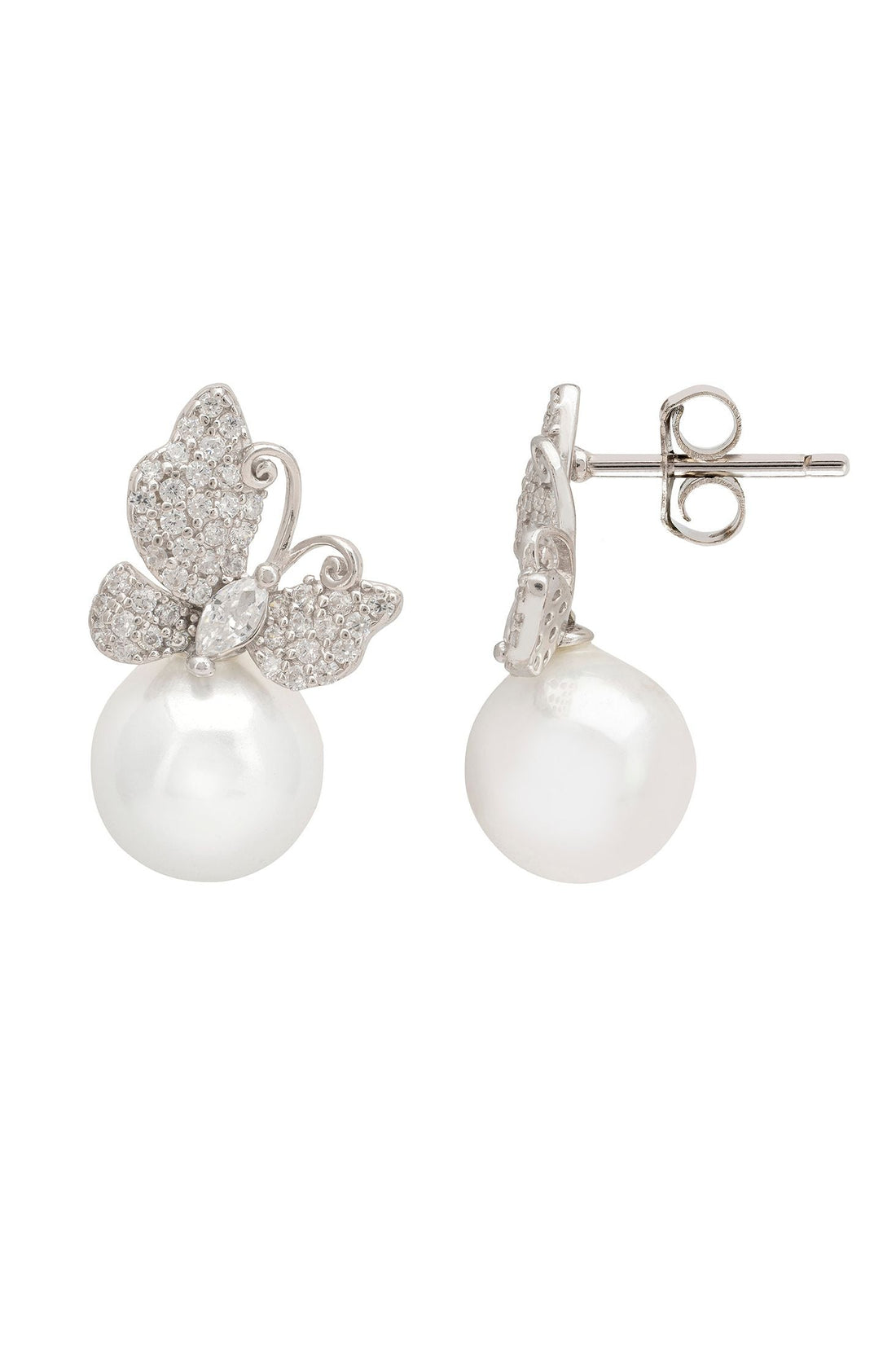 Pair of silver-tone butterfly drop earrings with glitter detail and pearl drops