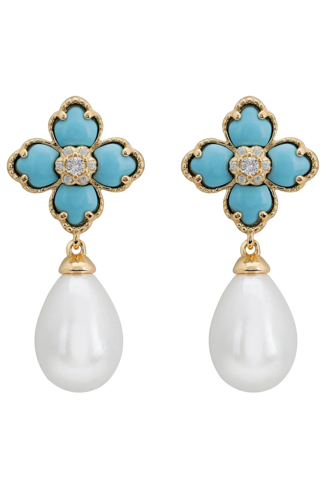 Gold flower clover earrings with turquoise enamel petals and pearl drop charms