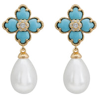Gold flower clover earrings with turquoise enamel petals and pearl drop charms