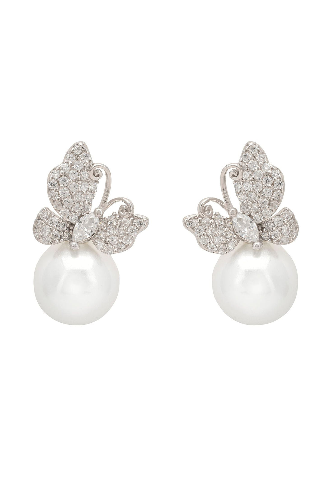Silver-tone butterfly drop earrings with glitter wings and white pearl drops