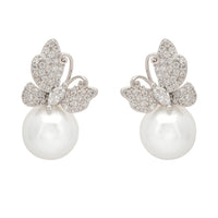 Silver-tone butterfly drop earrings with glitter wings and white pearl drops
