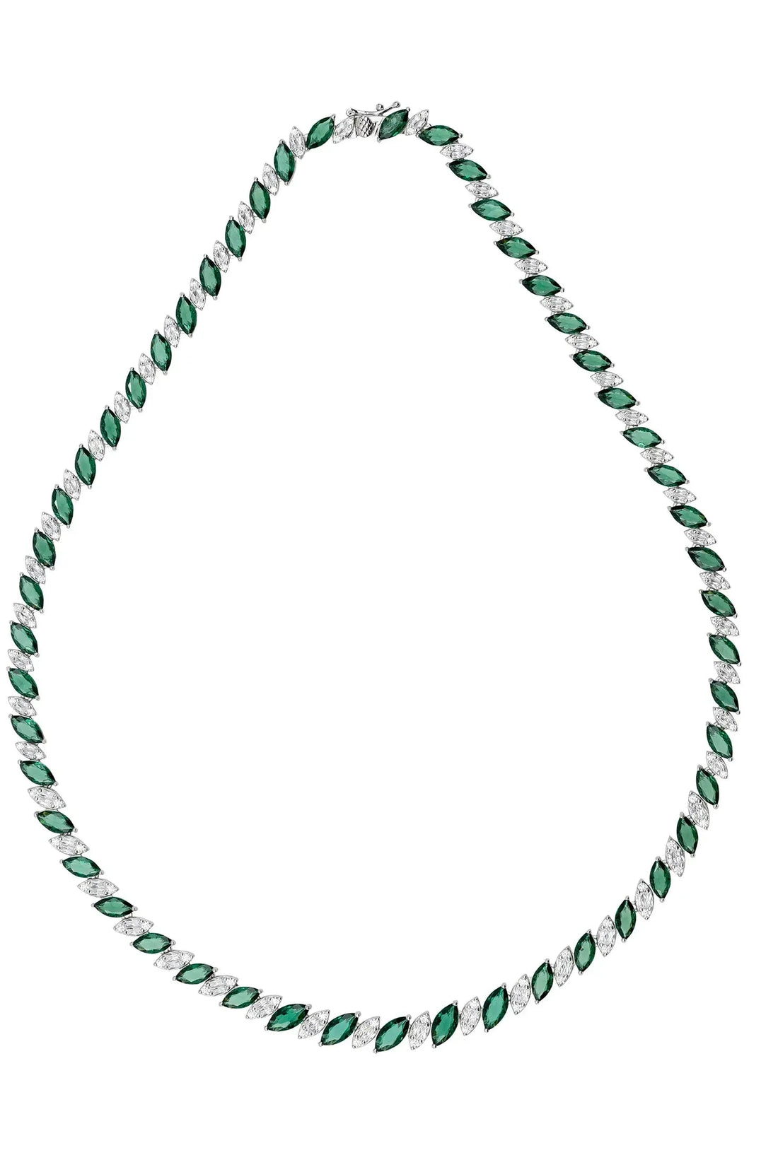 Emerald-green oval-stone tennis necklace, silver-tone setting