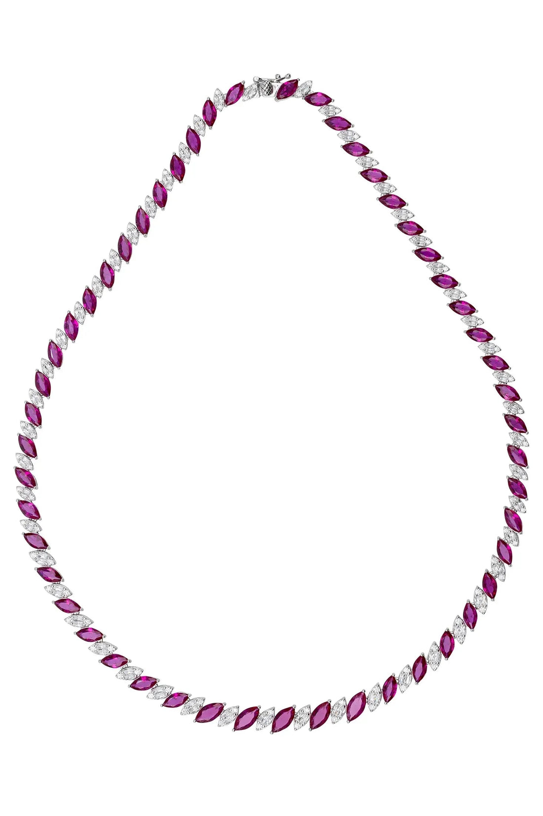Statement tennis necklace featuring purple oval gemstone links in a curved collar