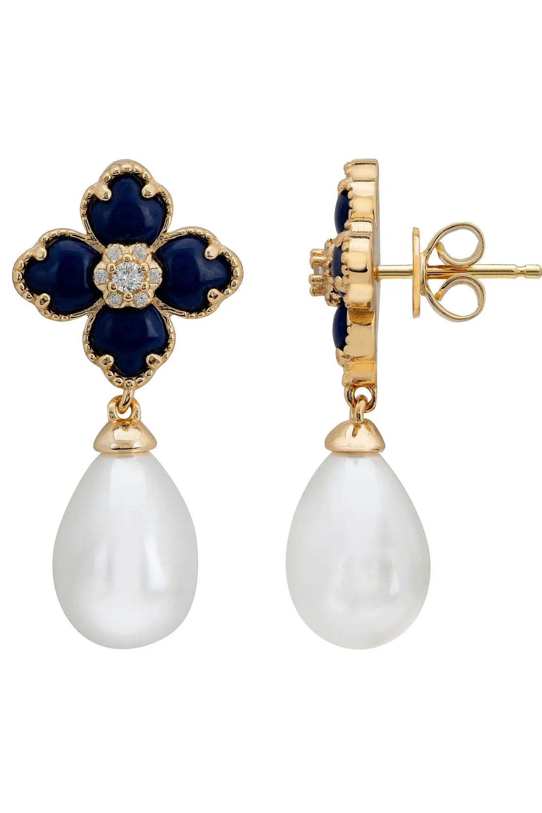 Gold-tone drop earrings with navy clover enamel, crystal center, white pearl dangles