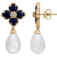 Gold-tone drop earrings with navy clover enamel, crystal center, white pearl dangles
