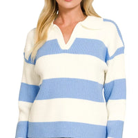 Blue and ivory striped collared sweater with ribbed cuffs and V-neck