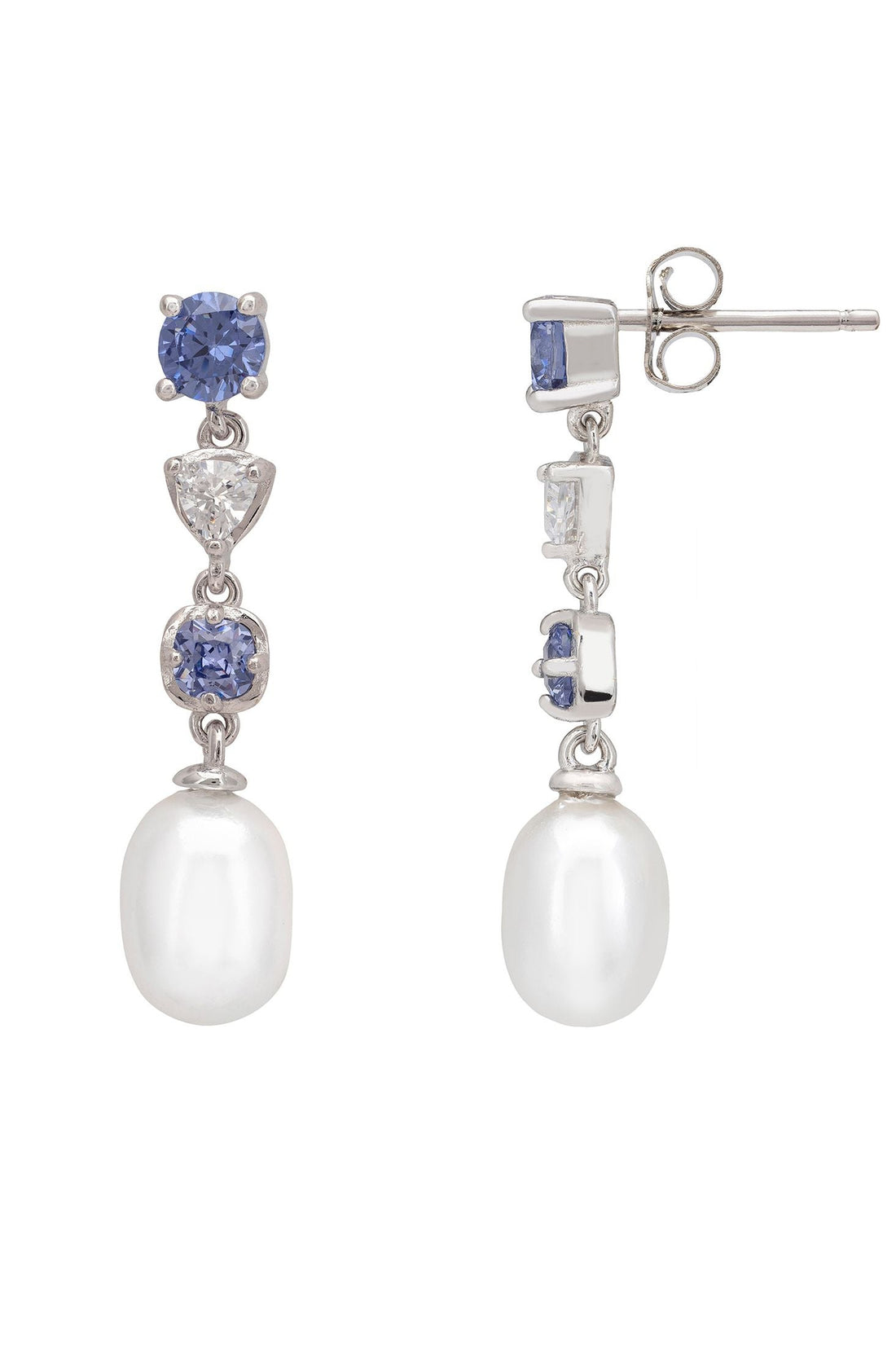 Silver drop earrings with blue gemstone settings and pear-shaped pearl, shown from side