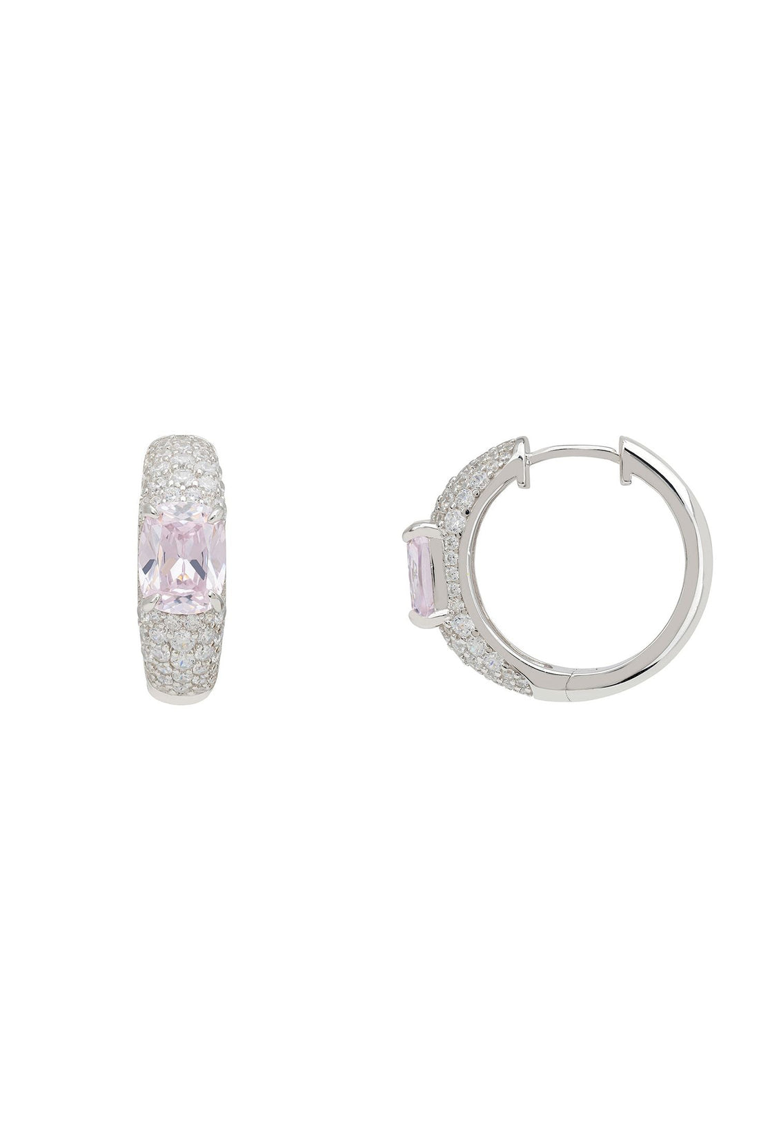 Silver hoop earrings with morganite center stones and pavé accents