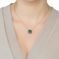 Silver chain pendant necklace with small green square bezel and clear stone frame