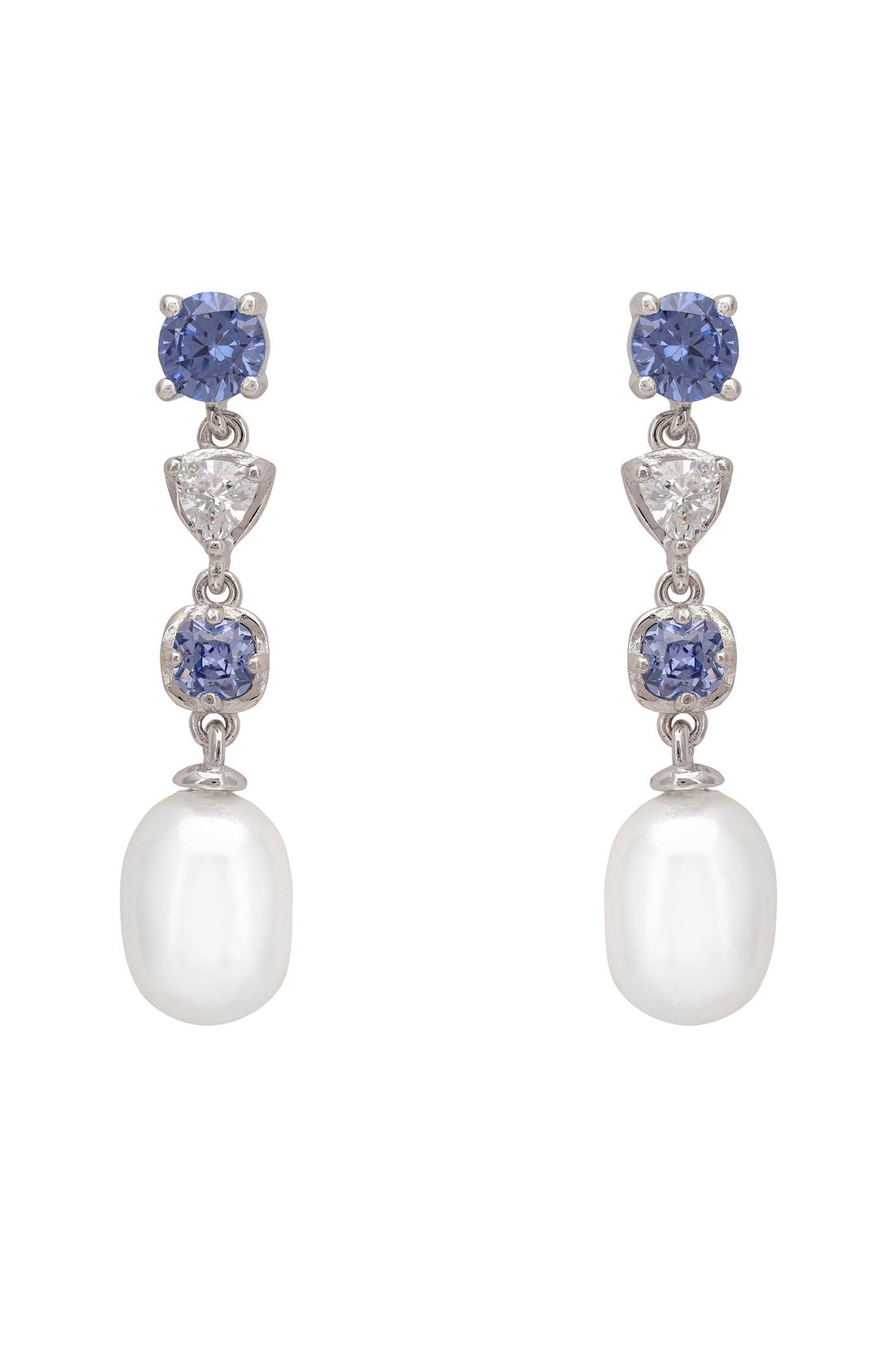 Silver drop earrings with blue gemstone studs, pear-shaped pearl, and dangling charms