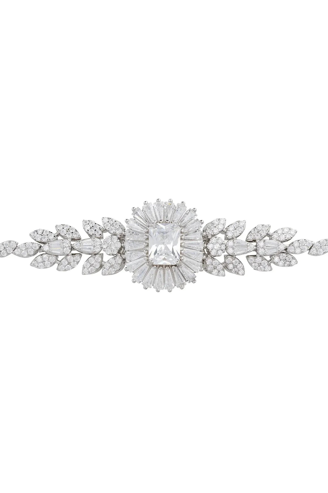 Silver bracelet featuring marquise links and a central radiant-cut stone