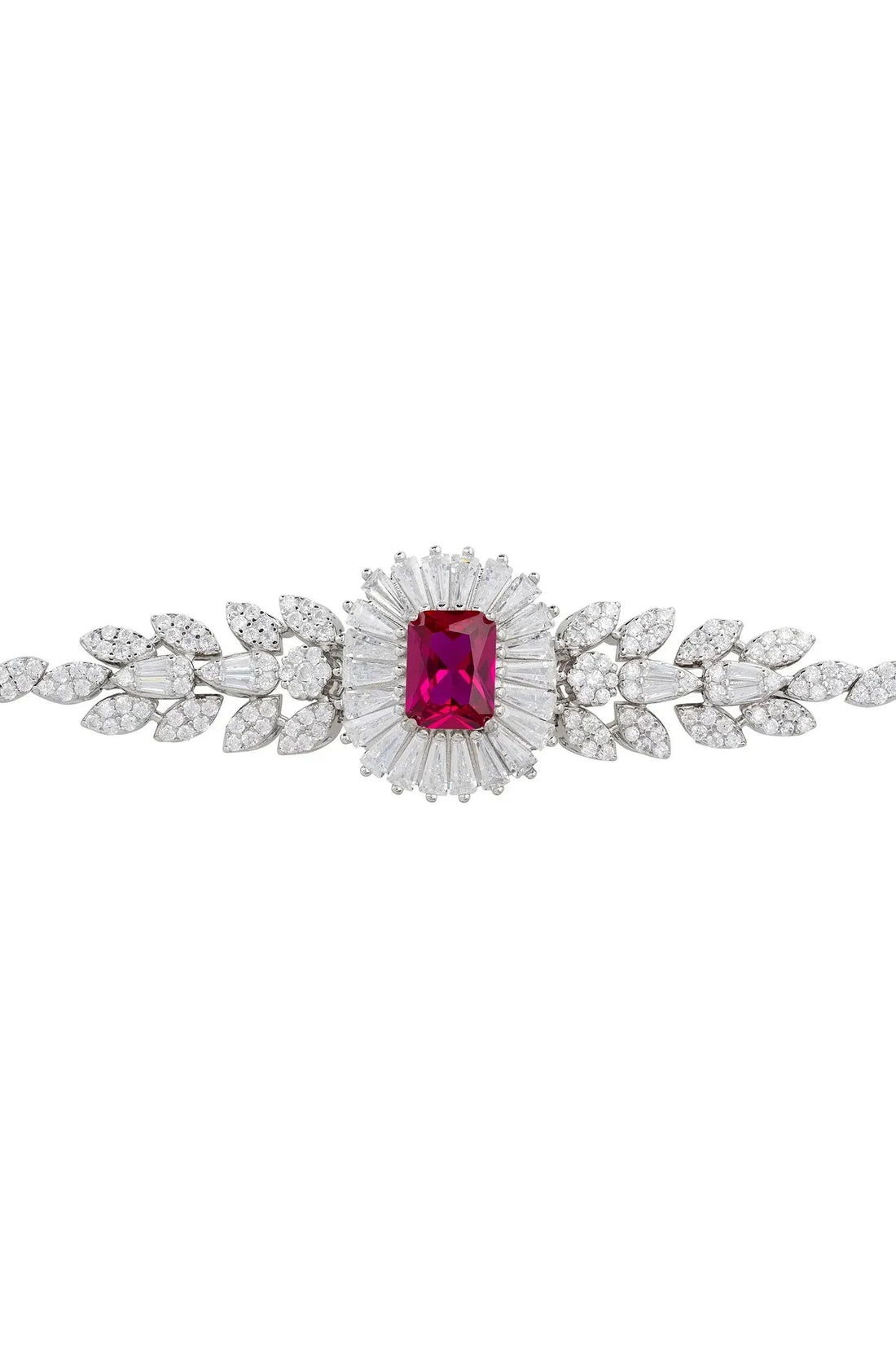 Silver gemstone bracelet centerpiece with pink-red oval stone and crystal spokes