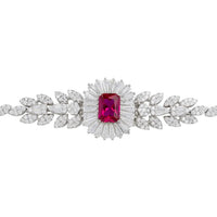 Silver gemstone bracelet centerpiece with pink-red oval stone and crystal spokes