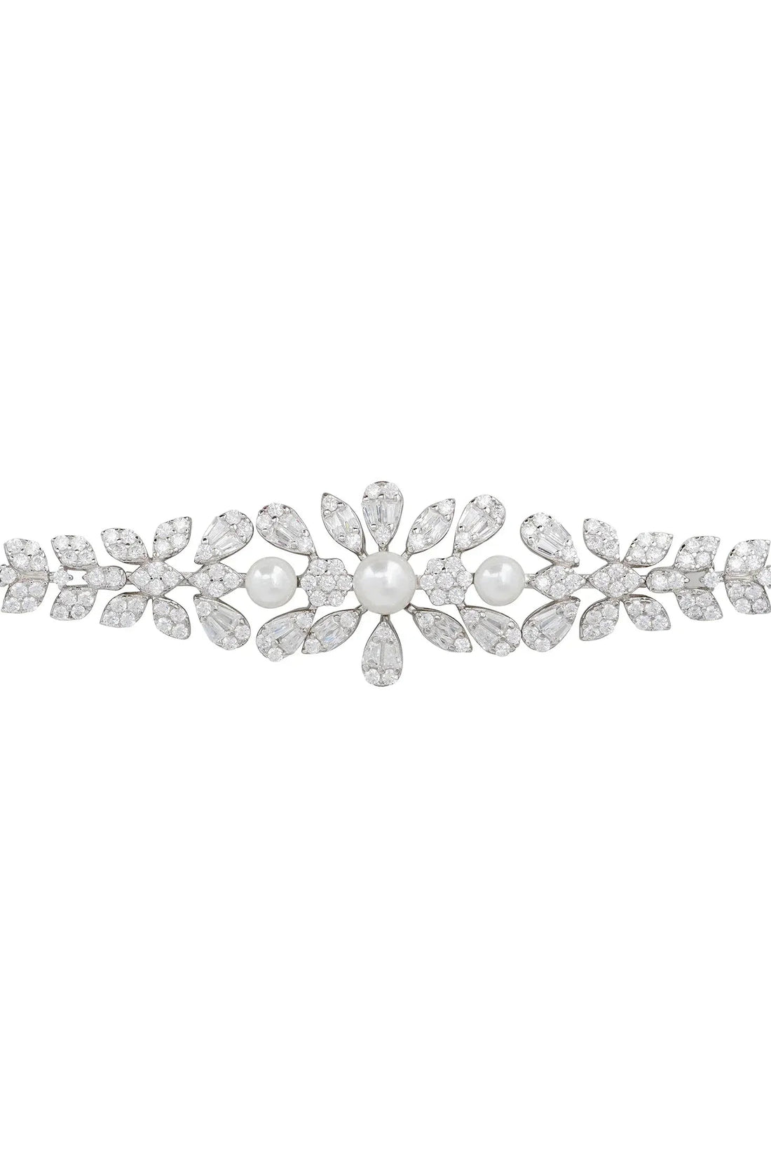 Pearl floral tennis bracelet with crystal petal links and round pearls