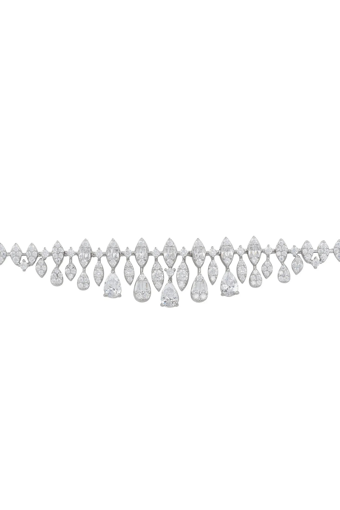 Silver tennis bracelet with a continuous row of pear-cut clear stones
