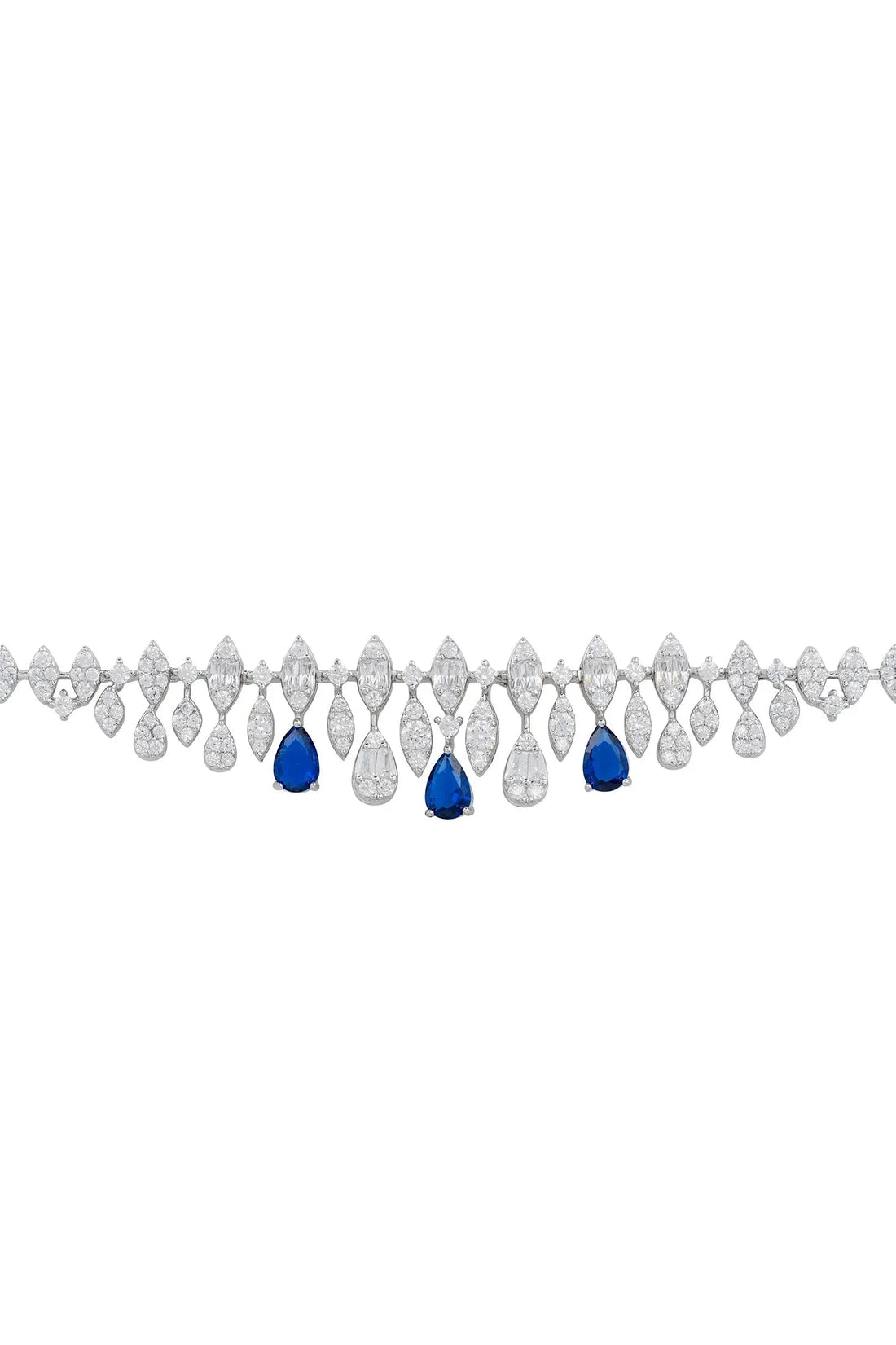 Silver tennis bracelet with blue teardrop stones and crystal drop links