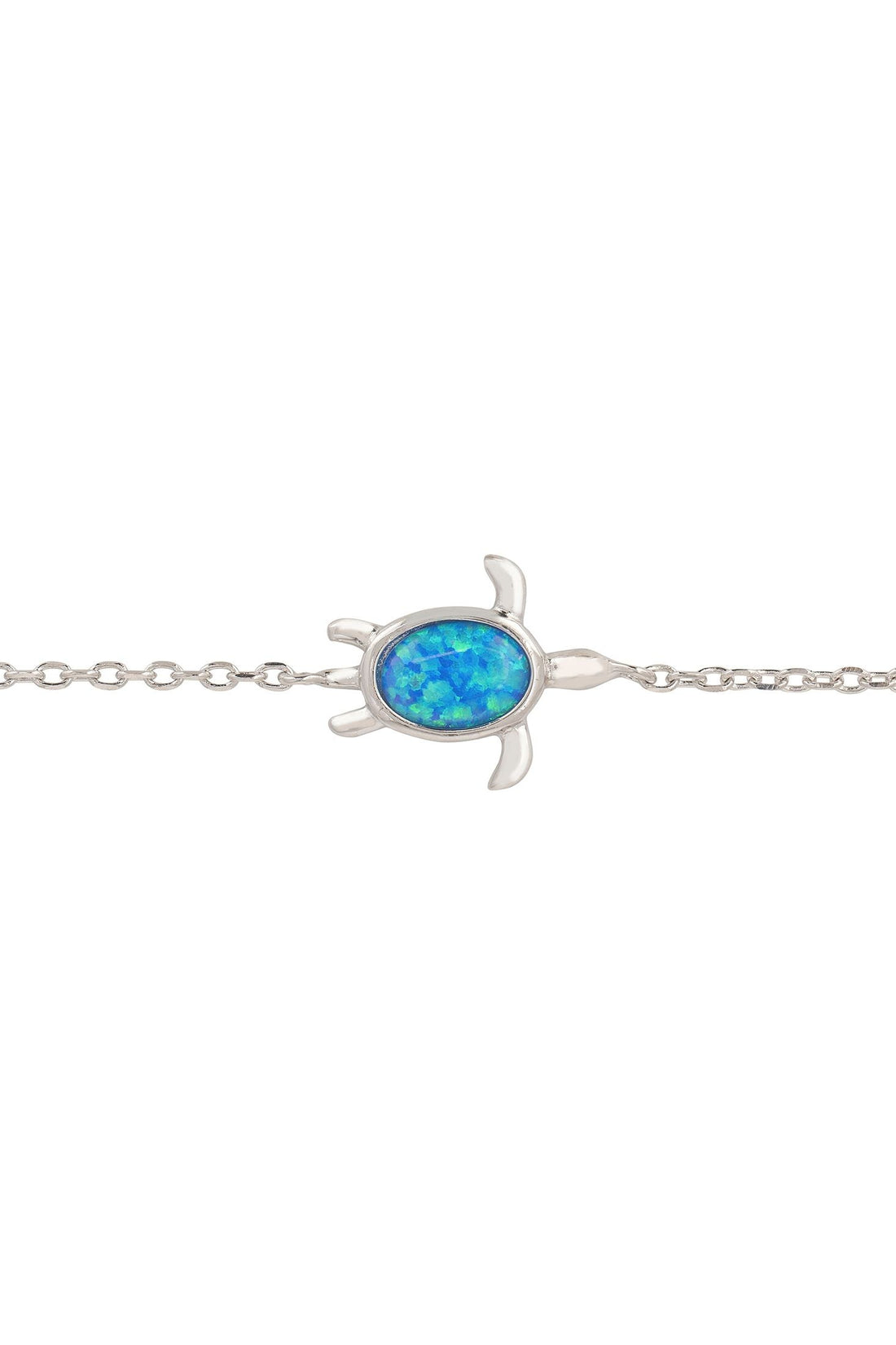 Silver-tone turtle charm bracelet with blue oval opalite stone close-up