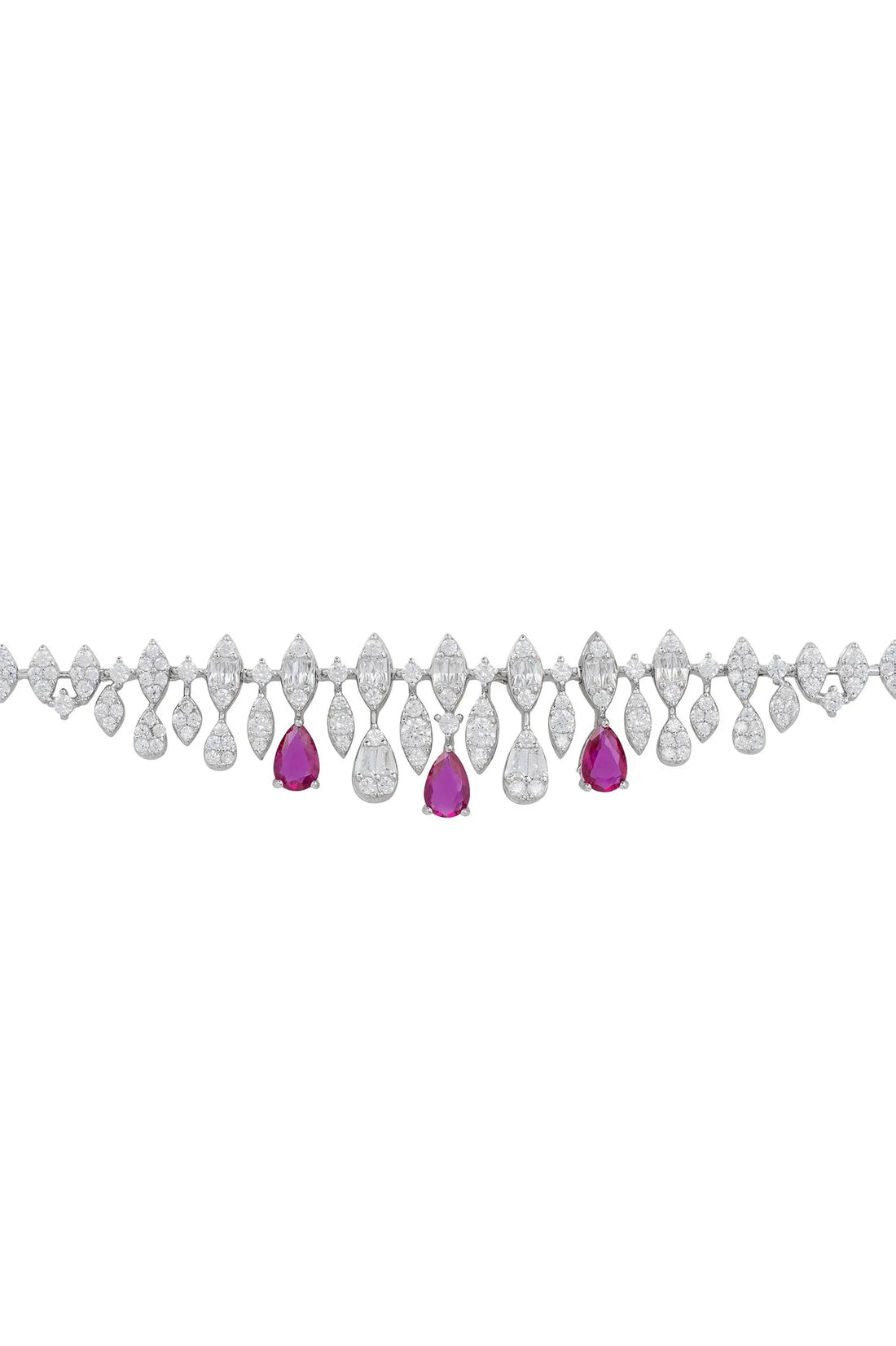 Tennis bracelet with clear stones and ruby-colored teardrop center drops.