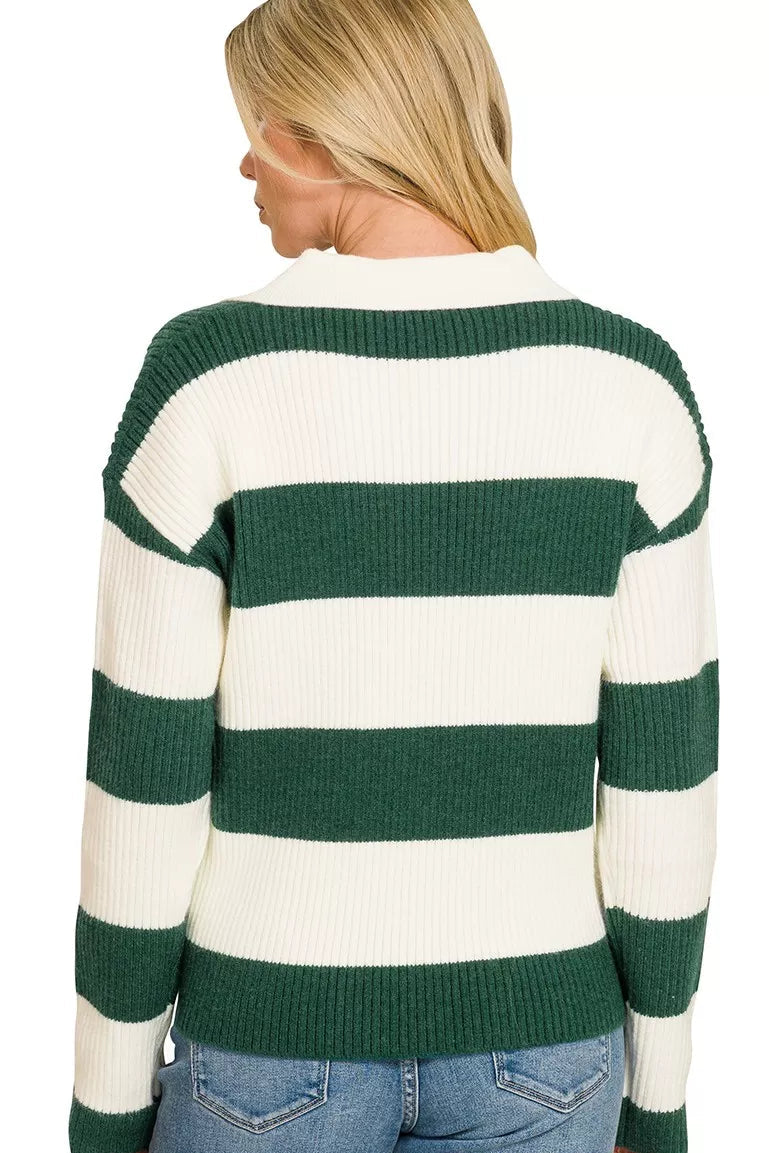 Striped collared sweater back view, hunter green and ivory horizontal stripes