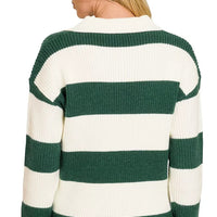 Striped collared sweater back view, hunter green and ivory horizontal stripes