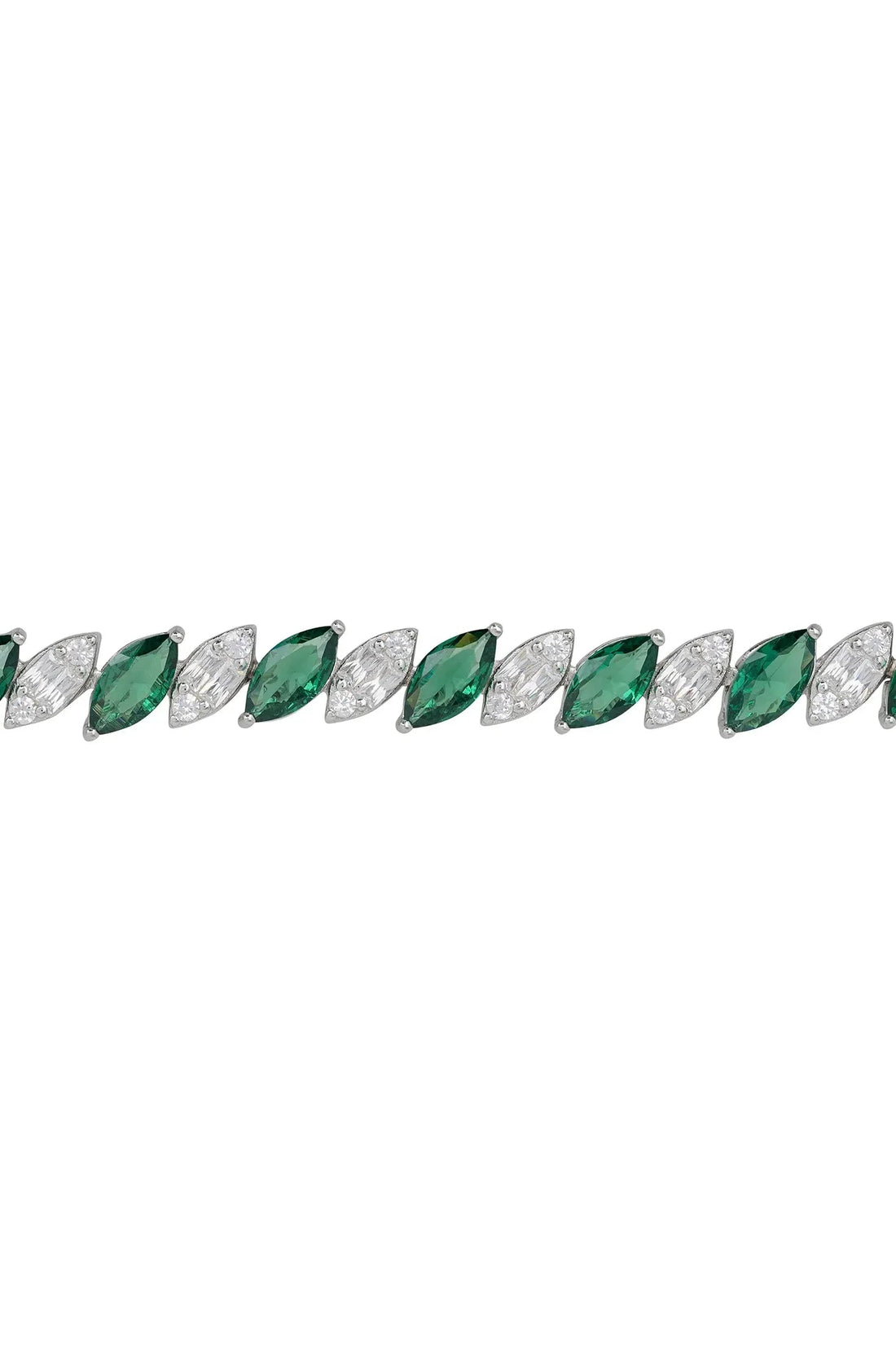 Row of oval emerald-green gemstones with silver prongs and clear stones