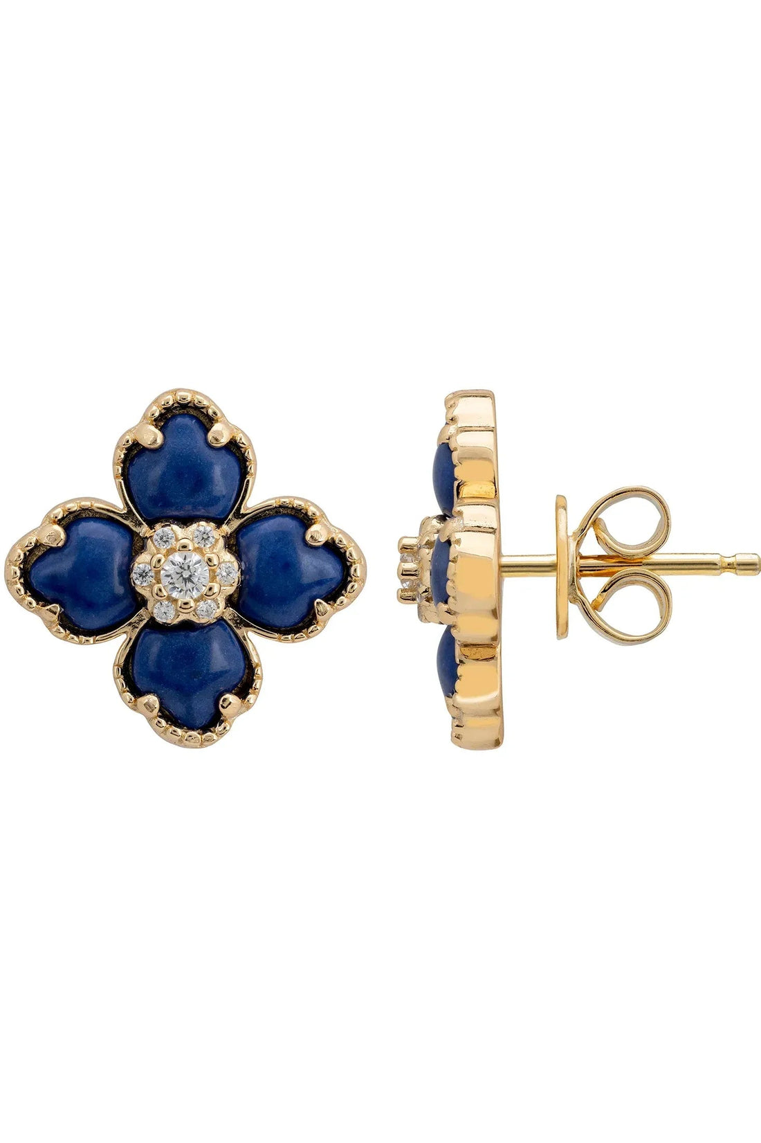 Gold-tone clover flower stud earrings with blue stones and butterfly backs