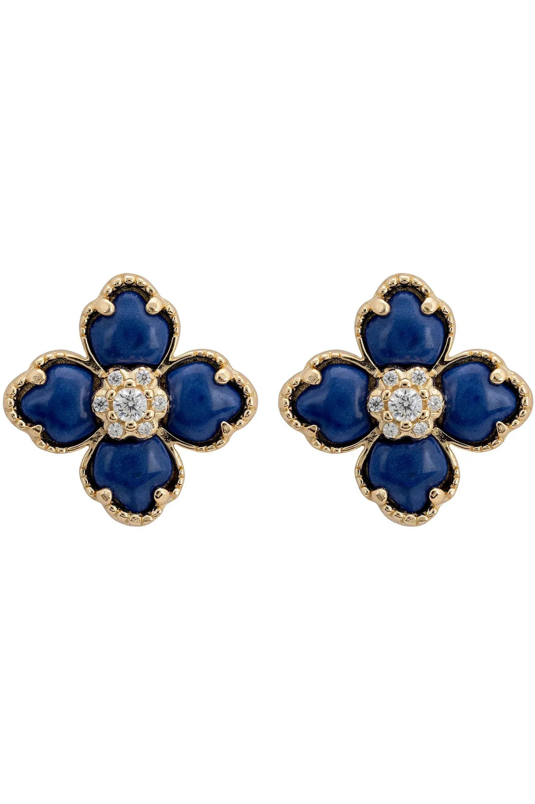 Gold-tone clover flower stud earrings with blue stones and clear crystal center