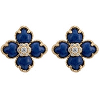 Gold-tone clover flower stud earrings with blue stones and clear crystal center