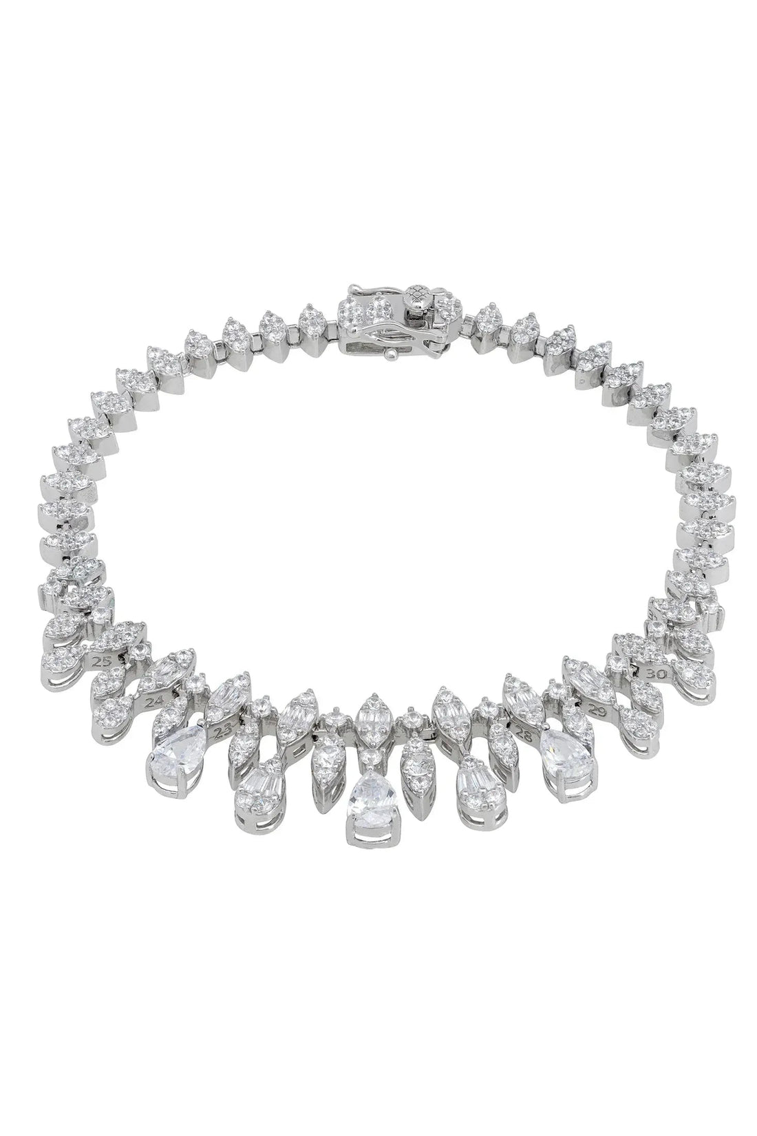 Silver tennis bracelet with pear-shaped clear stones and box clasp